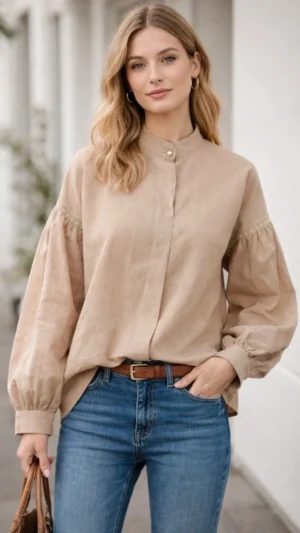 Elegancka bluzka koszulowa ze stójką szerokie rękawy beżowa S/M