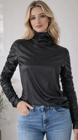 Elegancka bluzka damska ze stójką i marszczonymi rękawami czarna XS/S