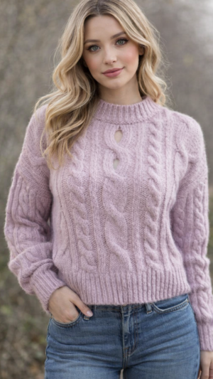 Sweter damski krótki liliowy warkoczowy splot ozdobne wycięcie Reserved S