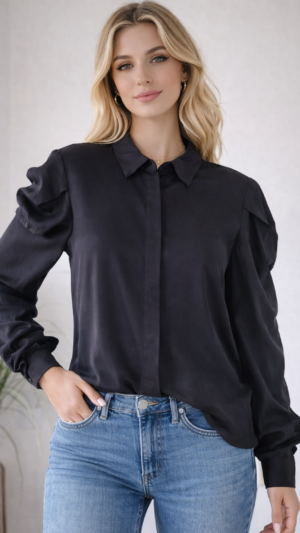 Elegancka koszula damska bawełniana z lekkimi bufkami czarna S/M