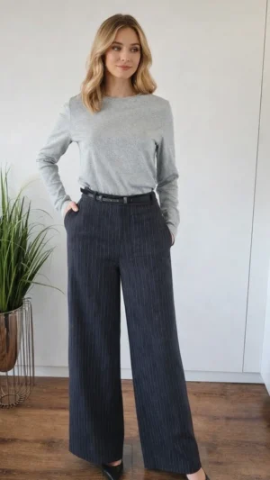 Eleganckie spodnie damskie z wysokim stanem i szerokimi nogawkami szare Vero Moda M