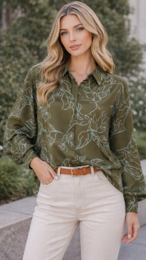 Elegancka koszula damska wzorzysta zielona khaki 100% wiskoza 3XL