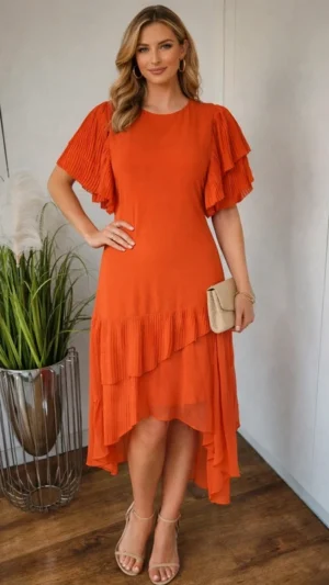 Elegancka sukienka damska plisowana asymetryczna pomarańczowa M