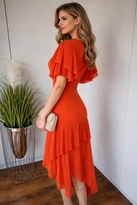 Elegancka sukienka damska plisowana asymetryczna pomarańczowa M - obrazek 2