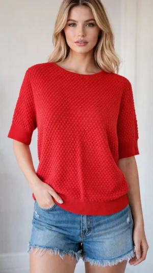 Sweter damski z krótkim rękawem 100% bawełna czerwony M