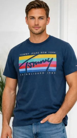 T-shirt męski bawełniany z nadrukiem logo Tommy Jeans granatowy S