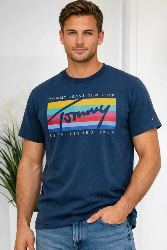 T-shirt męski bawełniany z nadrukiem logo Tommy Jeans granatowy S