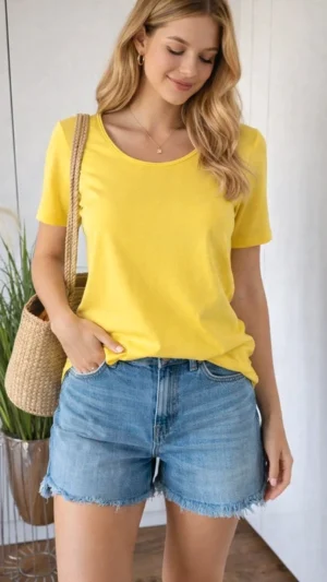 T-shirt damski gładki basic żółty 100% bawełna S